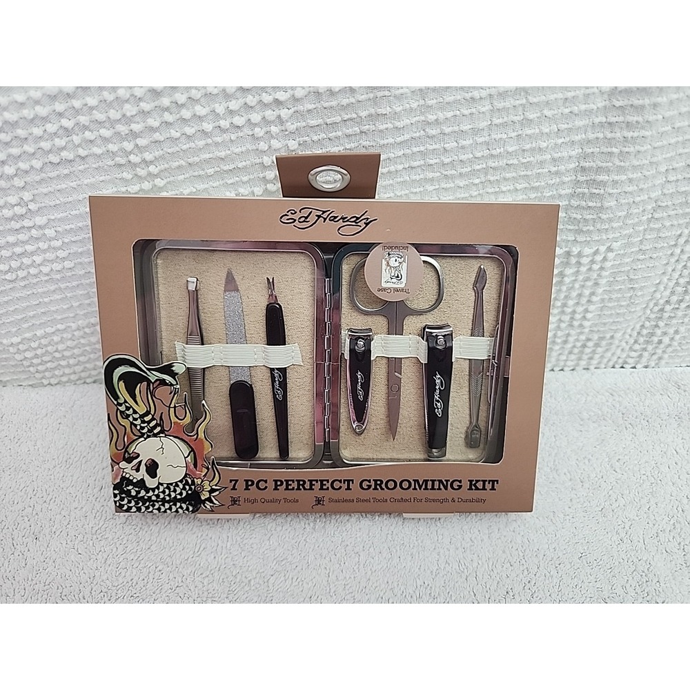 Brand‎ New! Ed Hardy 7 Piece Perfect Grooming Kit Stainless With Case B1